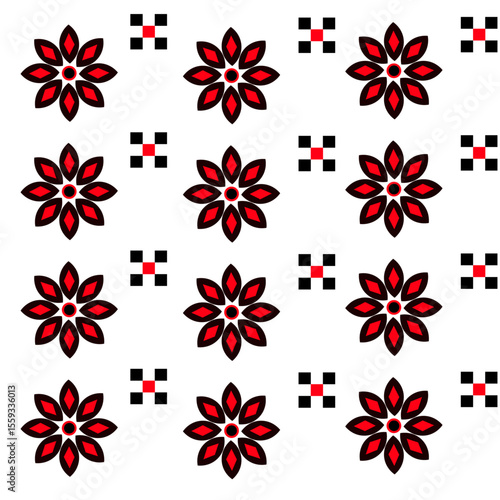 A seamless traditional Ukrainian embroidery pattern featuring ornamental ethnic motifs in red and black colors. Perfect for textile design, folk art projects, clothing prints, cultural decorations, an