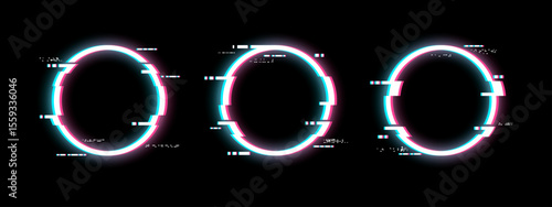 Three glowing round frames with video error, digital distortion, and noise effect. Glitch circles on black background for design.