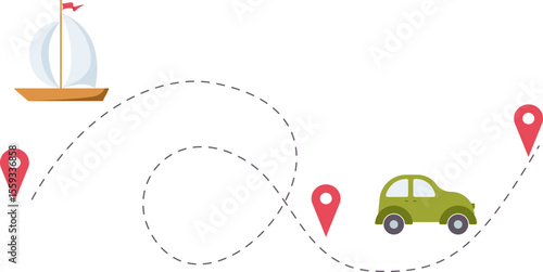 Line path routes of car and ship. Travel vector icon. Travel from start point and dotted line tracing. Hand drawn simple vector illustration.