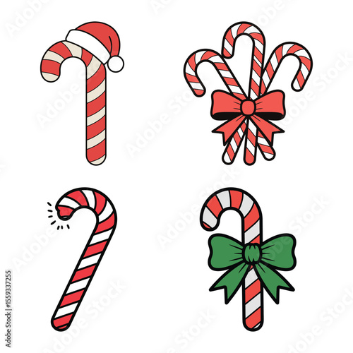 Collection of four festive candy canes with christmas decorations isolated on white background