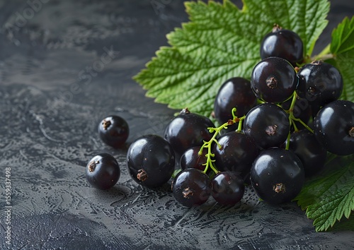 Blackcurrant berries with green leaves fresh organic fruit 