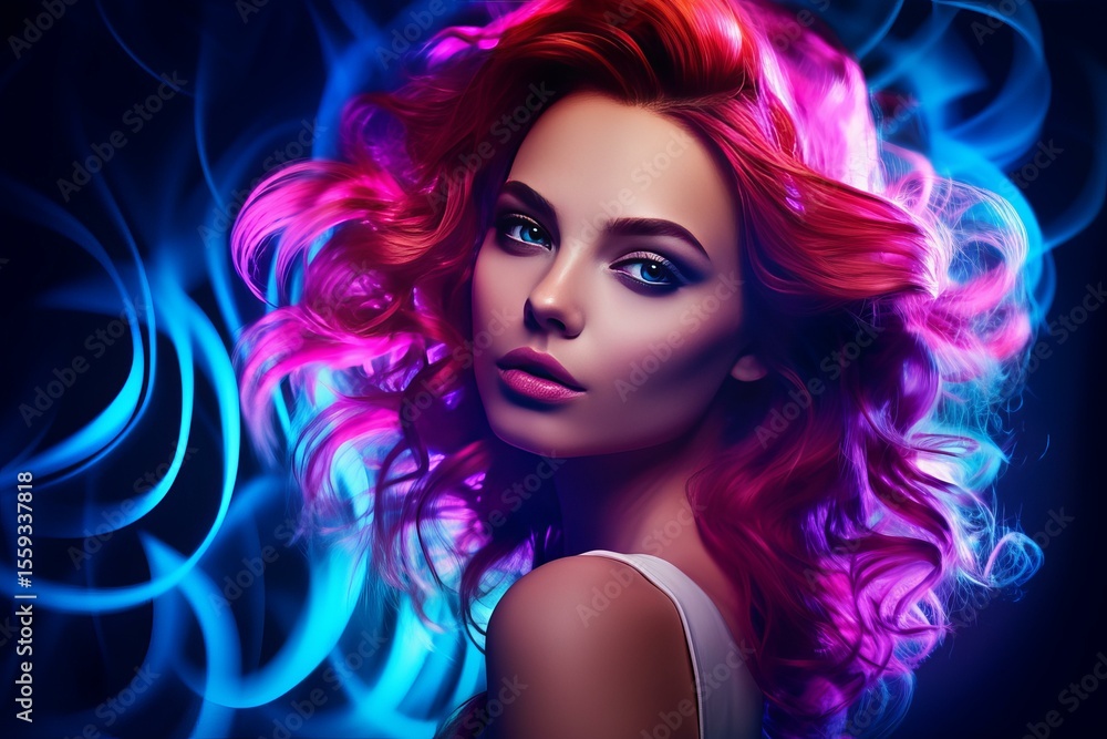 Beauty portrait of attractive woman with vivid neon makeup and colorful hair posing on smoky studio background Beauty portrait of attractive woman with vivid neon makeup and colorful hair posing on smoky studio background