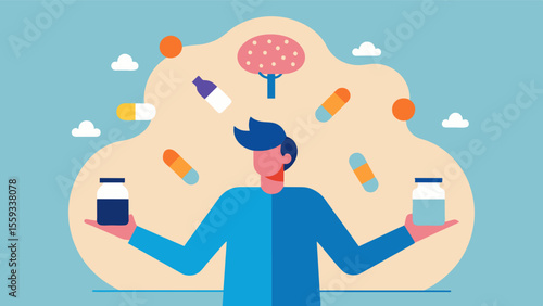 An image of a person juggling various tasks with a small bottle of brain health supplements in the corner promoting the idea that these supplements can help enhance multitasking. Vector illustration