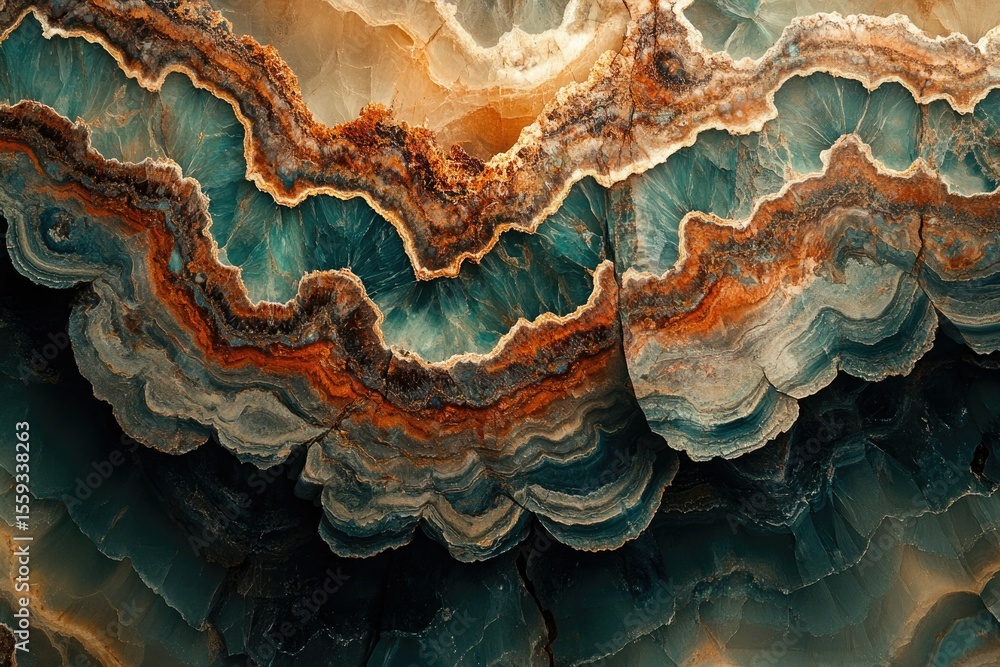 Obraz premium Dramatic abstract image of gemstone showcasing teal, brown and gold layers in a unique marbled pattern.
