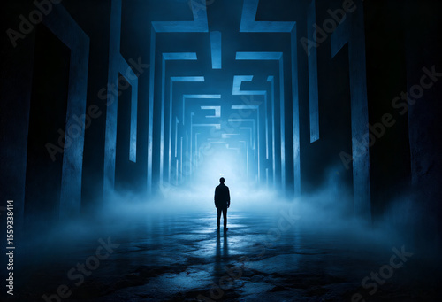 Mysterious figure in foggy labyrinth at night