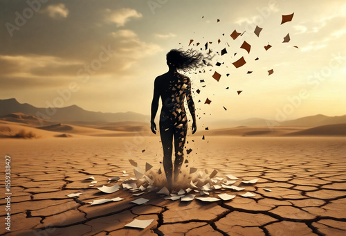 Man Disintegrating Into Pages in Desert