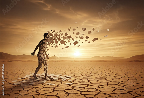 A Human Figure Disintegrating in a Desert Landscape