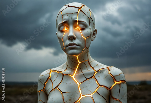 Golden Light Through Cracked Statue