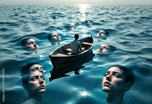 Isolated woman in boat amidst floating heads