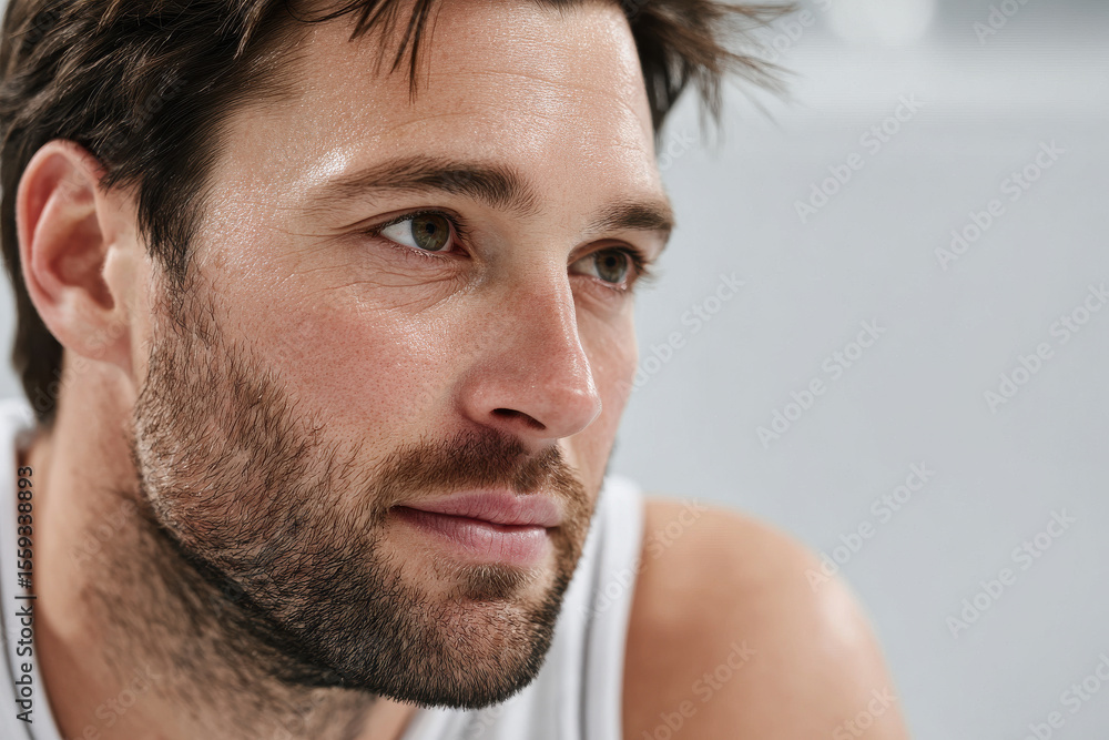 Obraz premium portrait of mind sport player with neutral expression positioned to left on bright minimalist background