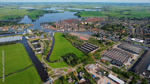 Aerial view of the old town of the city Grou in the Netherlands on a sunny day in summer	

