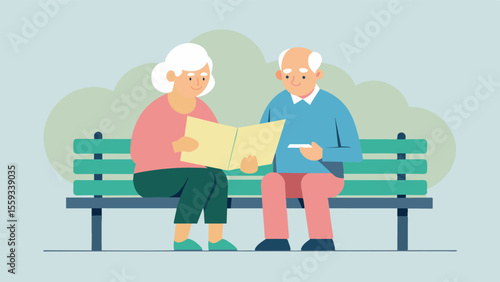 An elderly couple sitting side by side on a park bench each with their own crossword puzzle playfully competing to see who can finish first. This friendly competition not only. Vector illustration