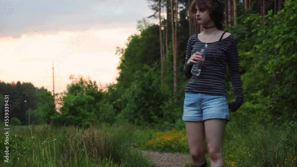 Happy woman calm steps walking in jeans shorts on the path in pine green forest and drinking water from bottle. Girl enjoying nature in summer woods in sunny evening sunset under blue sky. Happy woman calm steps walking in jeans shorts on the path in pine green forest and drinking water from bottle. Girl enjoying nature in summer woods in sunny evening sunset under blue sky.