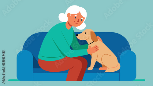 An elderly person with a chronic illness is seen snuggled up on the couch with their therapy dog. The dogs therapeutic touch and calming presence helps to reduce the persons pain. Vector illustration