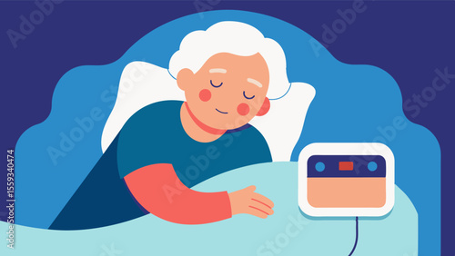 An older individual resting in bed with their arm wrapped around a CPAP machine illustrating the connection between sleep apnea and brain health. The CPAP machine symbolizes the. Vector illustration