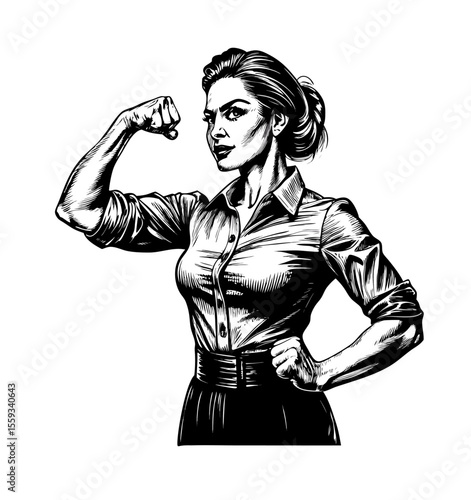 Strong Woman Flexing Bicep, Black and White Illustration