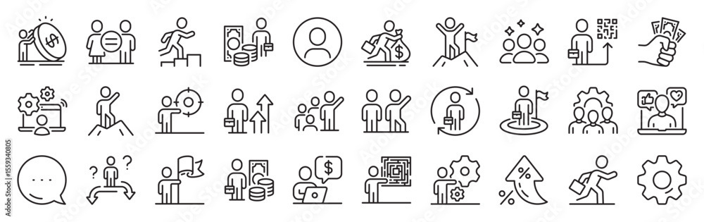 Fototapeta premium Business people line icons. Settings gear, Message, Inflation icons. Leadership flag, person skill and maze labyrinth set. Goal flag, management strategy and human skill line icons. Vector