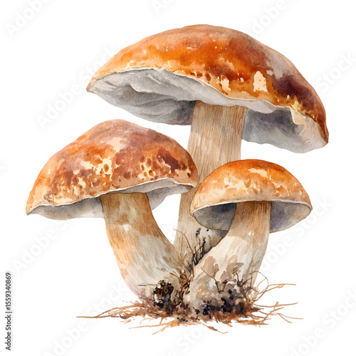 Watercolor Painting of Three Porcini Mushrooms, Edible Fungi Illustration on White