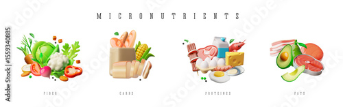 3D banner with food categories with micronutrients, fiber, carbohydrates, proteins and fats.