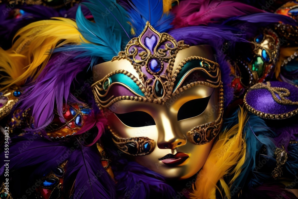 Close up of an ornate gold mask surrounded by vibrant feathers and sparkling jewels, evoking the spirit of carnival Close up of an ornate gold mask surrounded by vibrant feathers and sparkling jewels, evoking the spirit of carnival