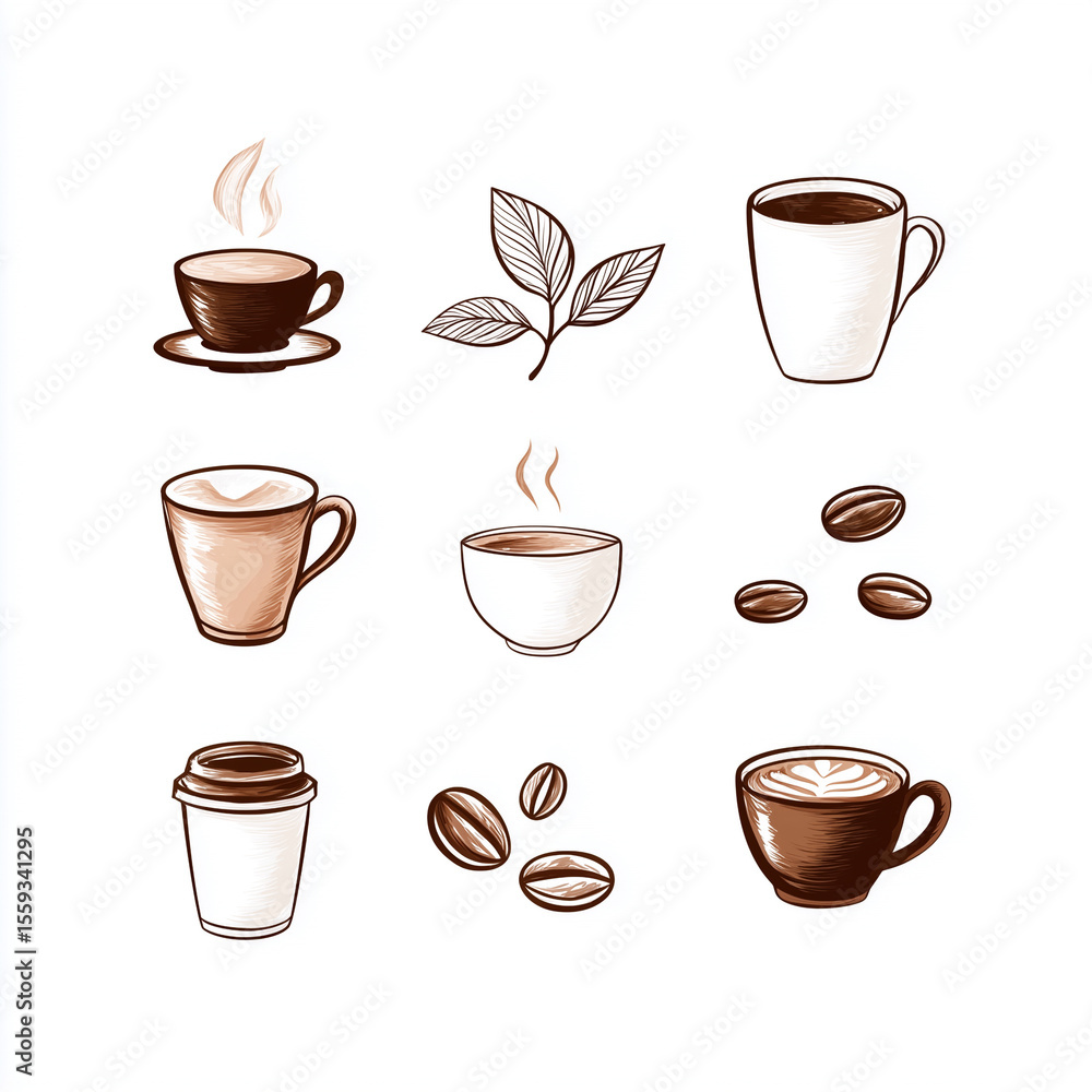 Obraz premium Coffee art featuring various cups, leaves, and coffee beans in a simple and elegant design