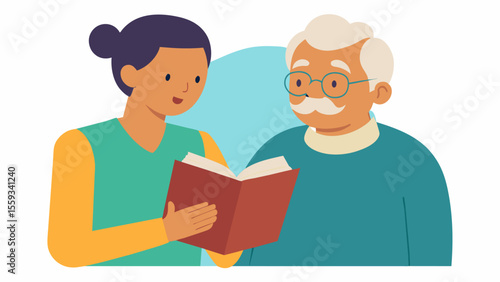 A volunteer reading a book to an elderly man with dementia helping him maintain language and memory skills.. Vector illustration
