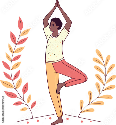 Flat Vector Illustration of Man Practicing Tree Pose in Vibrant Colors – Yoga and Wellness Concept

