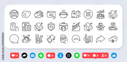 Uv protection, Iodine mineral and Music app line icons pack. Social media: share, comment, like icons. Ad, Delivery time, Stairs web icon. Ph neutral, Cyber attack, Thiamine vitamin pictogram. Vector