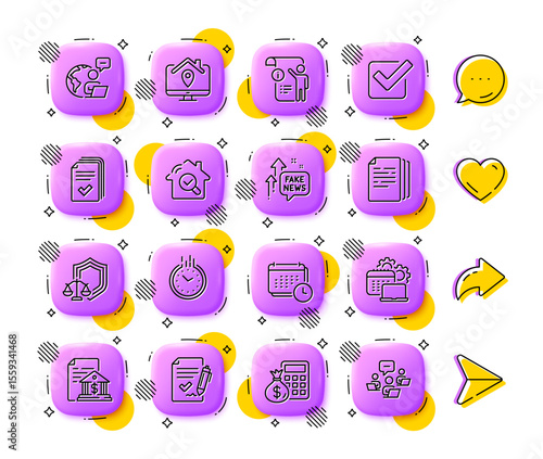 Approved agreement, Handout and Outsource work line icons. App 3d buttons. Social media comment, share, like icons. Pack of Software, Work home, Copy documents icon. Vector