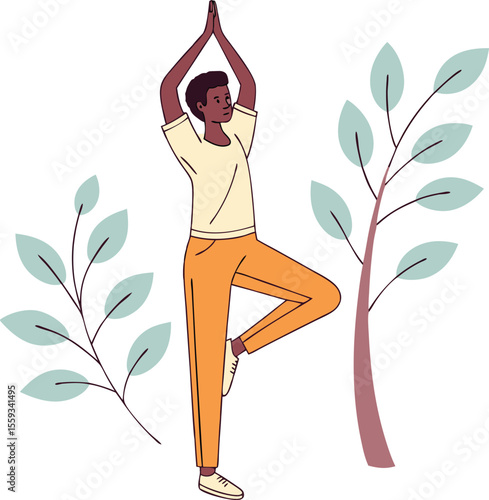 Flat Vector Illustration of Man Practicing Tree Pose in Vibrant Colors – Yoga and Wellness Concept

