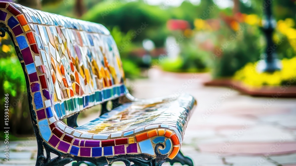 Naklejka premium Colorful Mosaic Bench in a Tranquil Garden Setting with Flowers
