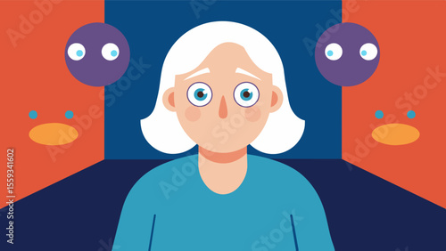 An elderly woman sits in an unfamiliar room her eyes darting around with confusion as she tries to recall why shes there. The surrounding unfamiliar faces only add to her. Vector illustration