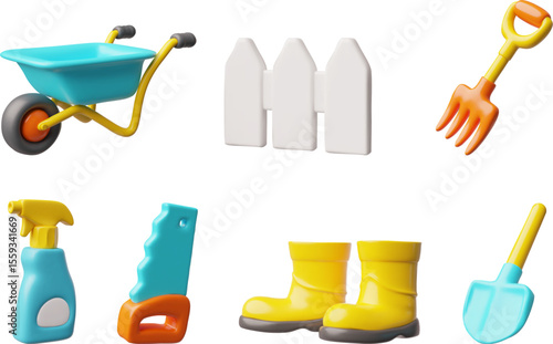 Gardening cultivate equipment 3D plastic style cartoon vector set, pitchfork, cart, fence, boots, shovel, saw, spray
