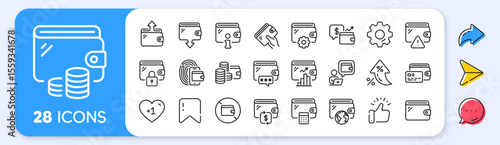 Wallet line icons. Interest rate, AI generate, Inflation icons. Money transfer, Credit card payment, Withdraw funds icons. Cash purse, Fingerprint access and online Wallet. Vector