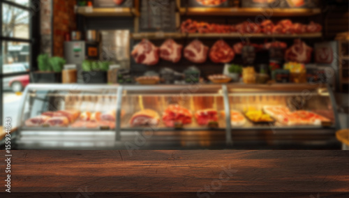 Εκτύπωση καμβά Dark wooden tabletop with blurred background of artisan butcher shop and meat counter