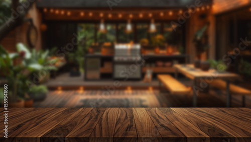 Tabletop Scene with Blurred Outdoor Kitchen and Dining Area Background with Warm Lights