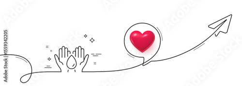 Safe water line icon. Continuous line with share plane. Fluid sign. Ecology energy symbol. 3d heart in speech bubble. Safe water single line ribbon. Loop curve pattern. Vector