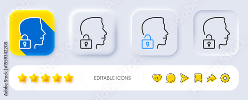 Face accepted line icon. Neumorphic, Flat shadow, 3d buttons. Access granted sign. Unlock system symbol. Line unlock system icon. Social media icons. Vector