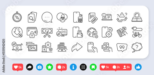 Question mark, Cut tax and Sun energy line icons pack. Social media: share, comment, like icons. Online voting, Web system, Fake news web icon. Inspect, Inventory, Electric bike pictogram. Vector