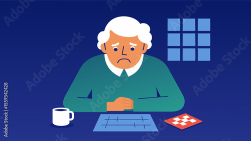 An elderly person sits at a table with a crossword puzzle determined to finish it like they used to. However as they go through the clues they find themselves unable to recall. Vector illustration