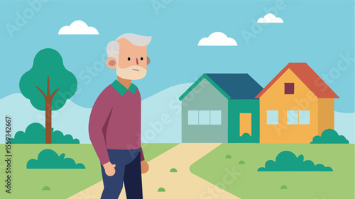 An older man taking a walk through his old neighborhood stopping in front of his childhood home and recalling the games he used to play with his siblings in the backyard. The visit. Vector