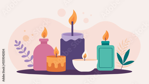 Using aromatherapy incorporating scented candles or essential oils to promote relaxation and enhance mood.. Vector illustration