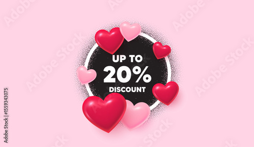 Discount tag picture frame banner. Circle photo frame. Up to 20 percent discount. Sale offer price sign. Special offer symbol. Save 20 percentages. 3d hearts balloons. Grain dots pattern. Vector