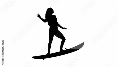 Silhouette of woman performing spin on windsurf board against white background, windsurfing and sports concept.