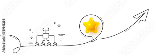 Restructuring line icon. Continuous line with share plane. Business architecture sign. Delegate symbol. 3d star in speech bubble. Restructuring single line ribbon. Loop curve pattern. Vector