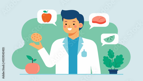 Nutrition for the brain A nutritionist or health expert discusses the importance of a healthy diet for brain health emphasizing the benefits of foods such as omega3 fatty acids. Vector illustration