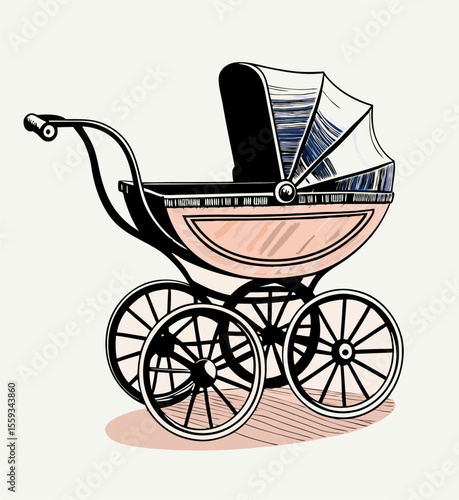 Vintage Baby Carriage Illustration, Pink & Black Pram Drawing, Antique Stroller Image