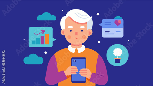 An older adult using a financial management app on their smartphone to help them stay organized and reduce stress thus promoting brain health.. Vector illustration