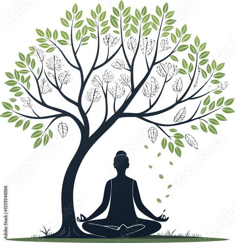 Clean Vector Illustration of a Person Meditating Under a Tree in Simple Line Art Style

