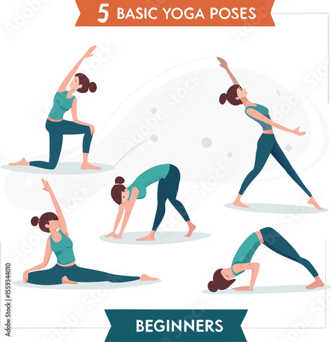 Vector Infographic of 5 Basic Yoga Poses for Beginners – Flat Illustrated Guide to Wellness

